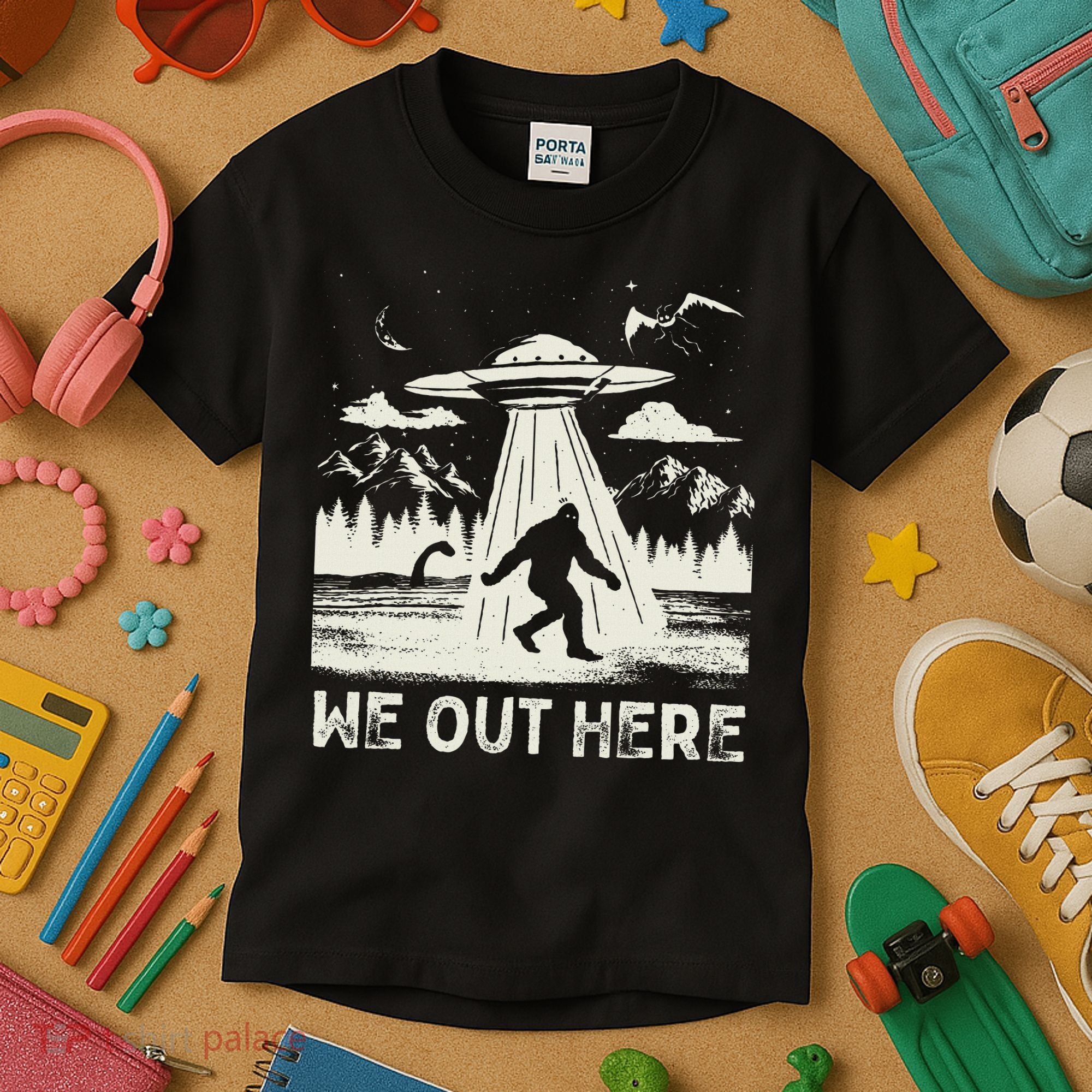 We Out Here Funny Bigfoot Mothman Cryptid Ufo Abduction Kids T-Shirt