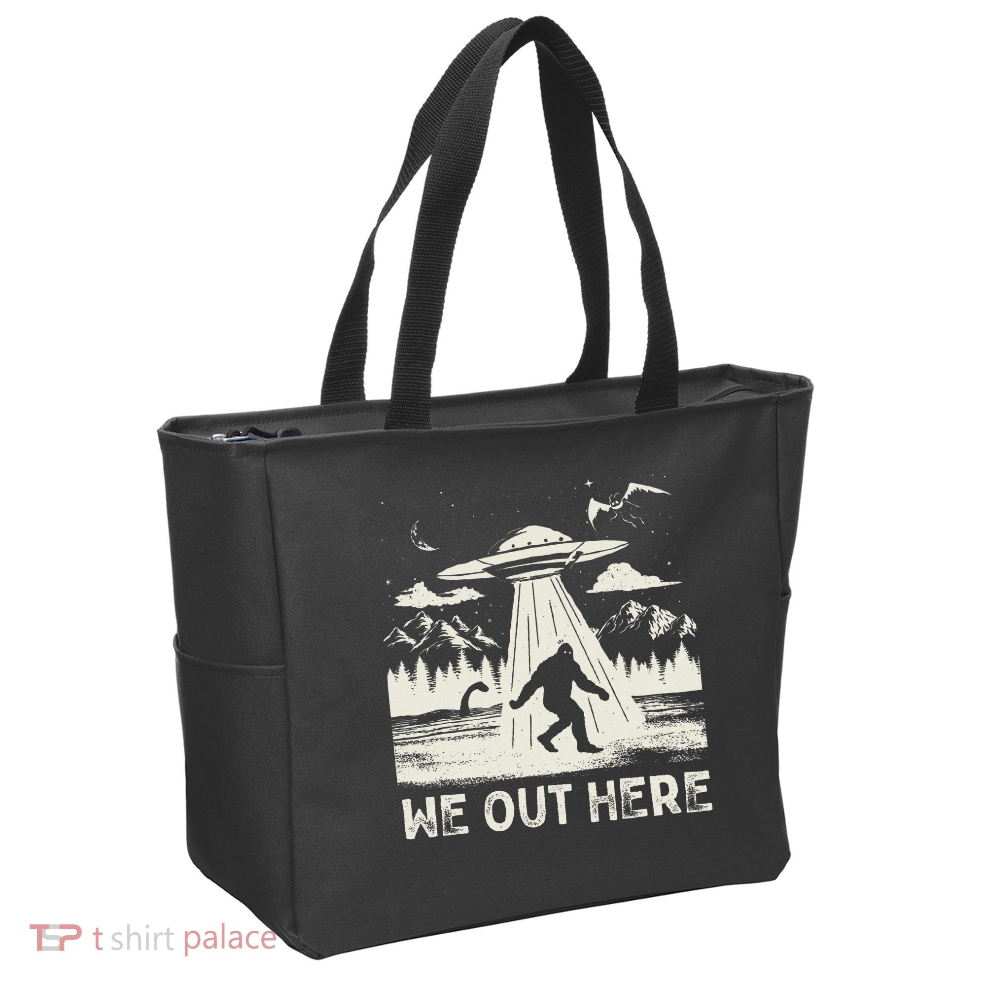 We Out Here Funny Bigfoot Mothman Cryptid Ufo Abduction Tote Bag