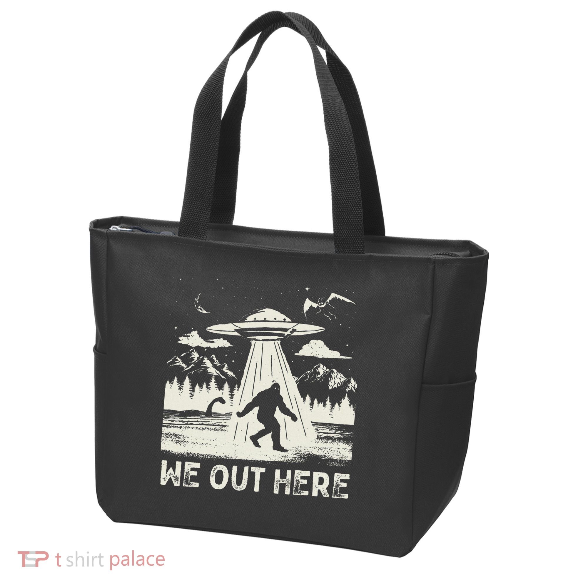 We Out Here Funny Bigfoot Mothman Cryptid Ufo Abduction Tote Bag
