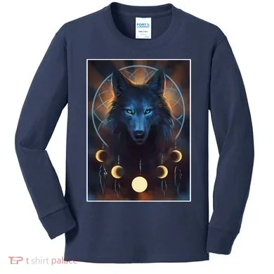 Wolf Dream Catcher Moon Phases Kids Long Sleeve Shirt