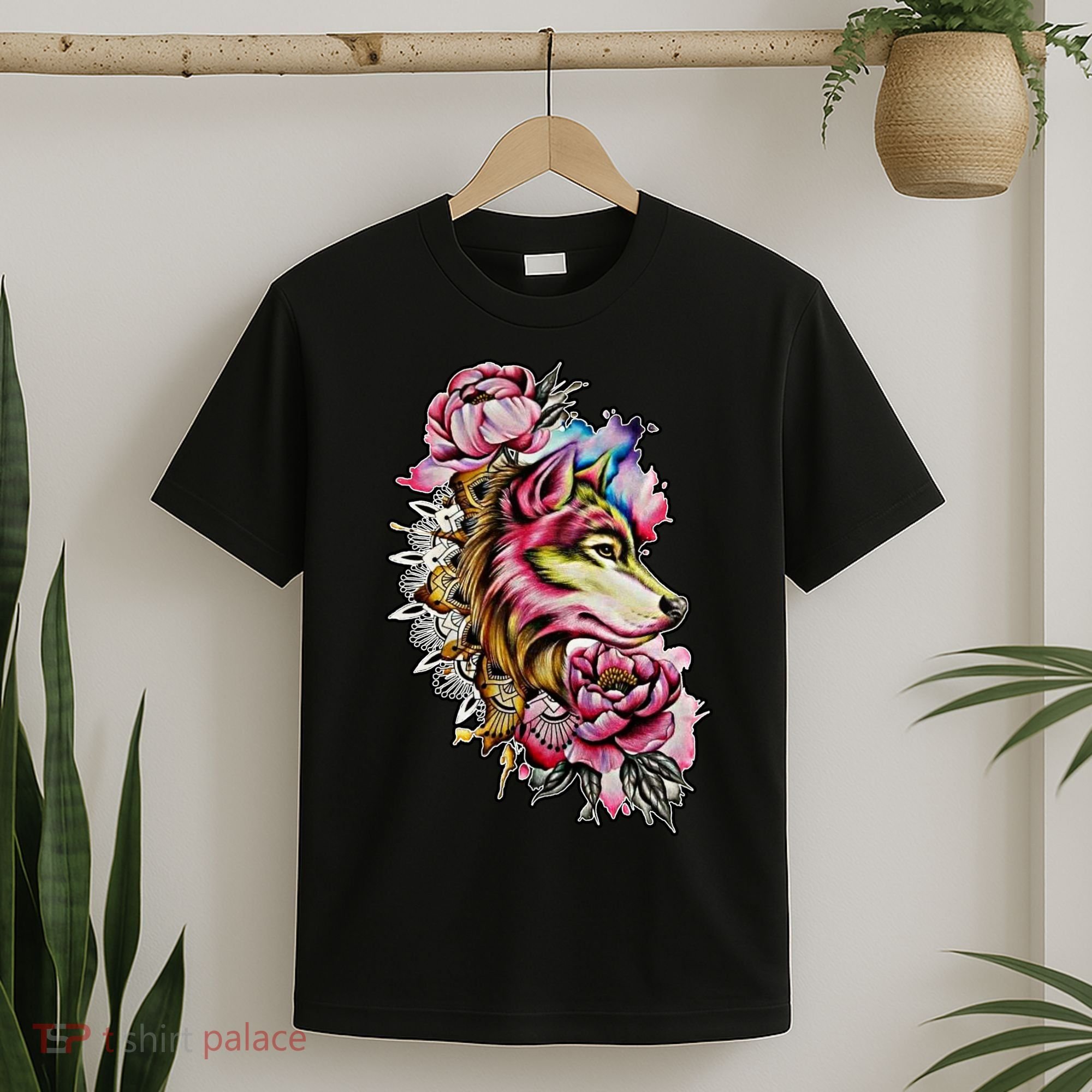 Wolf Flower Floral Cool Illustration T-Shirt