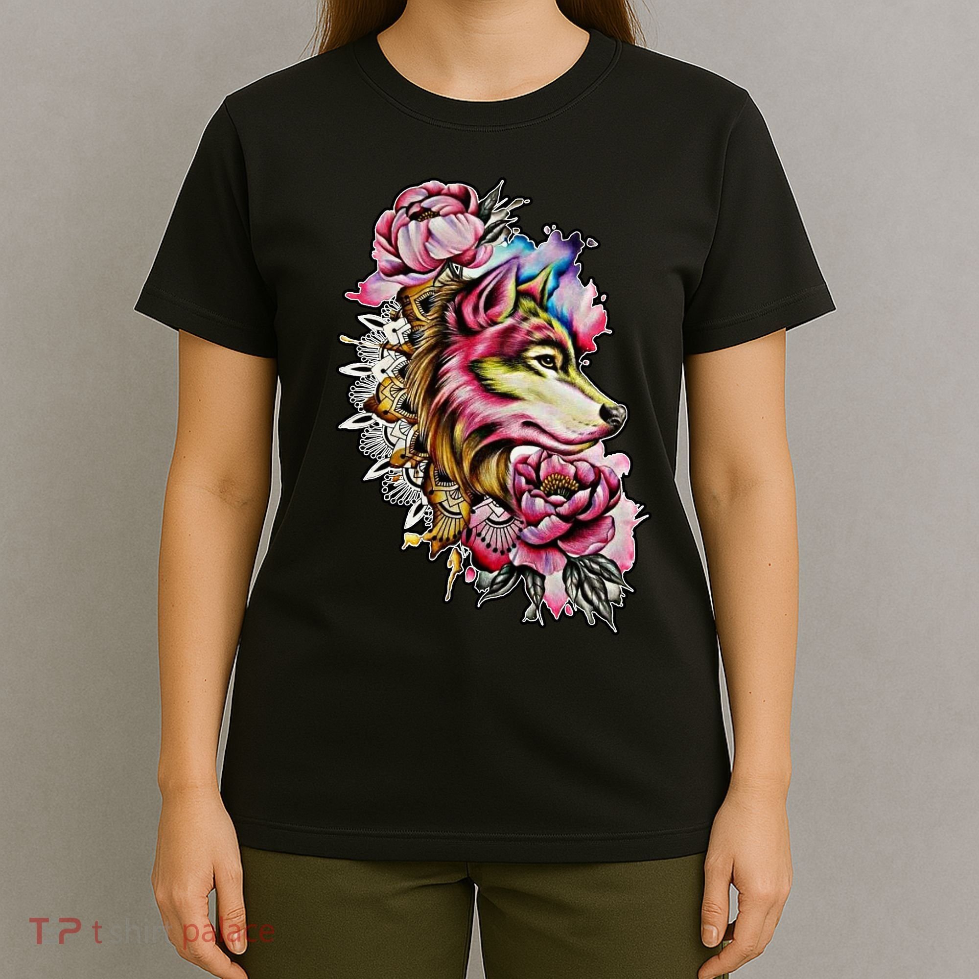Wolf Flower Floral Cool Illustration T-Shirt
