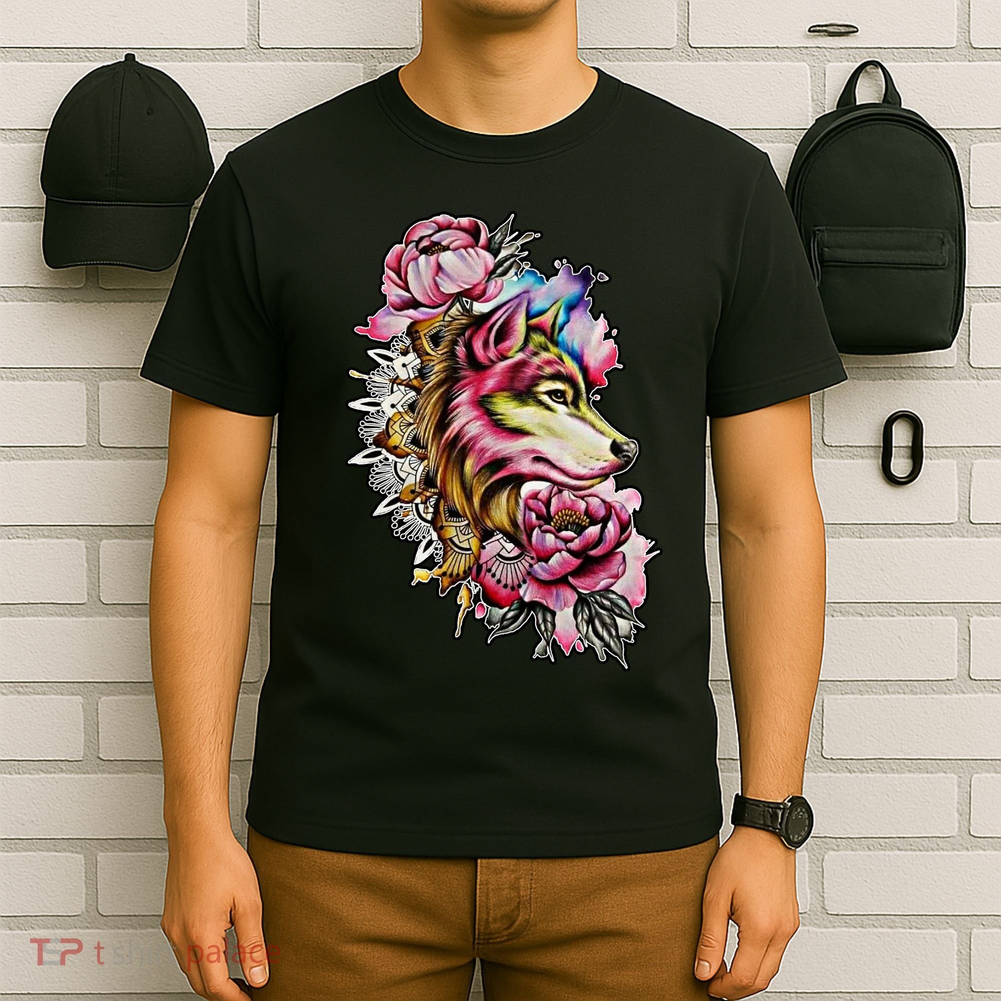 Wolf Flower Floral Cool Illustration T-Shirt