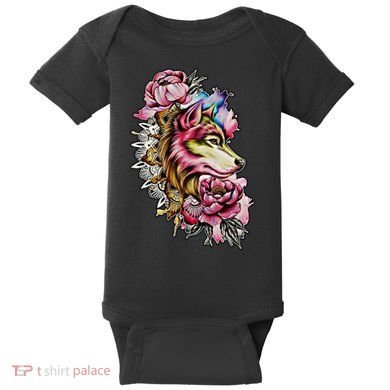 Wolf Flower Floral Cool Illustration Baby Bodysuit