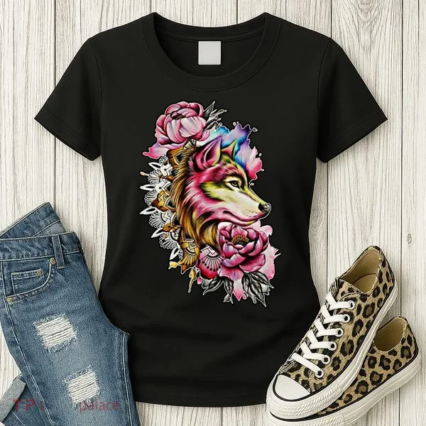 Wolf Flower Floral Cool Illustration Women's T-Shirt