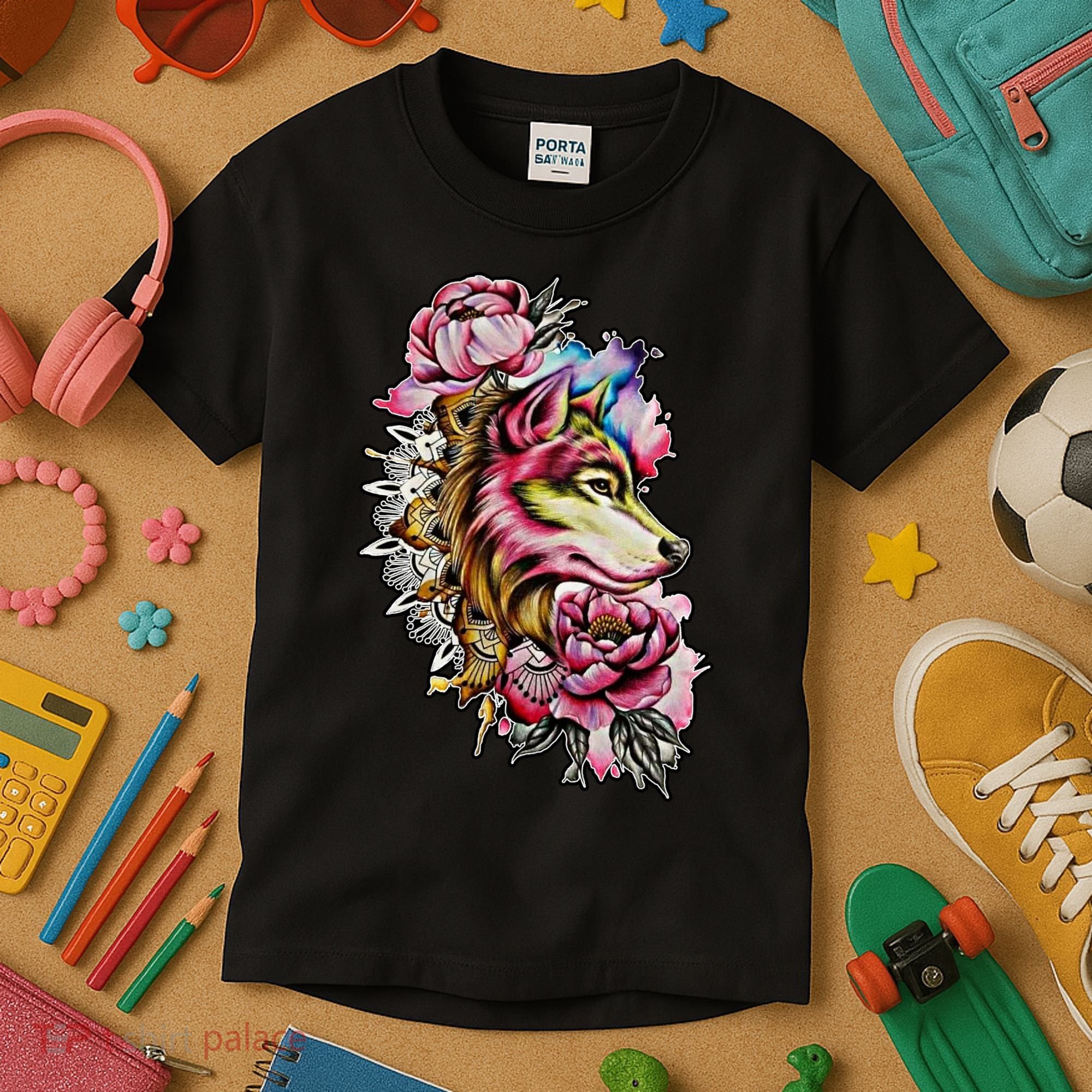 Wolf Flower Floral Cool Illustration Kids T-Shirt