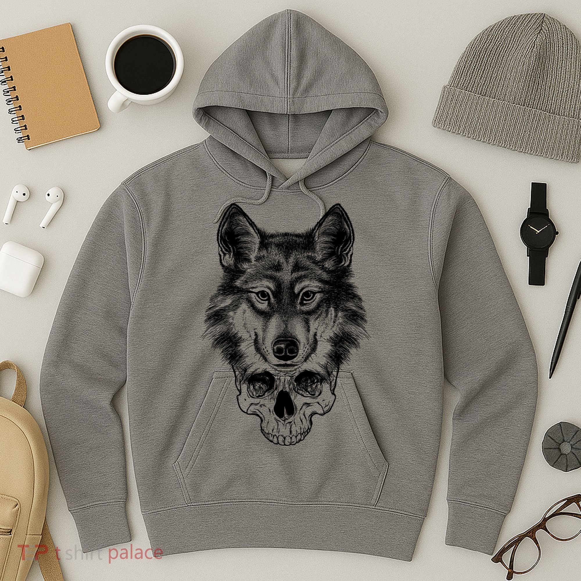 Wolf Head On Skull Graphic Hoodie