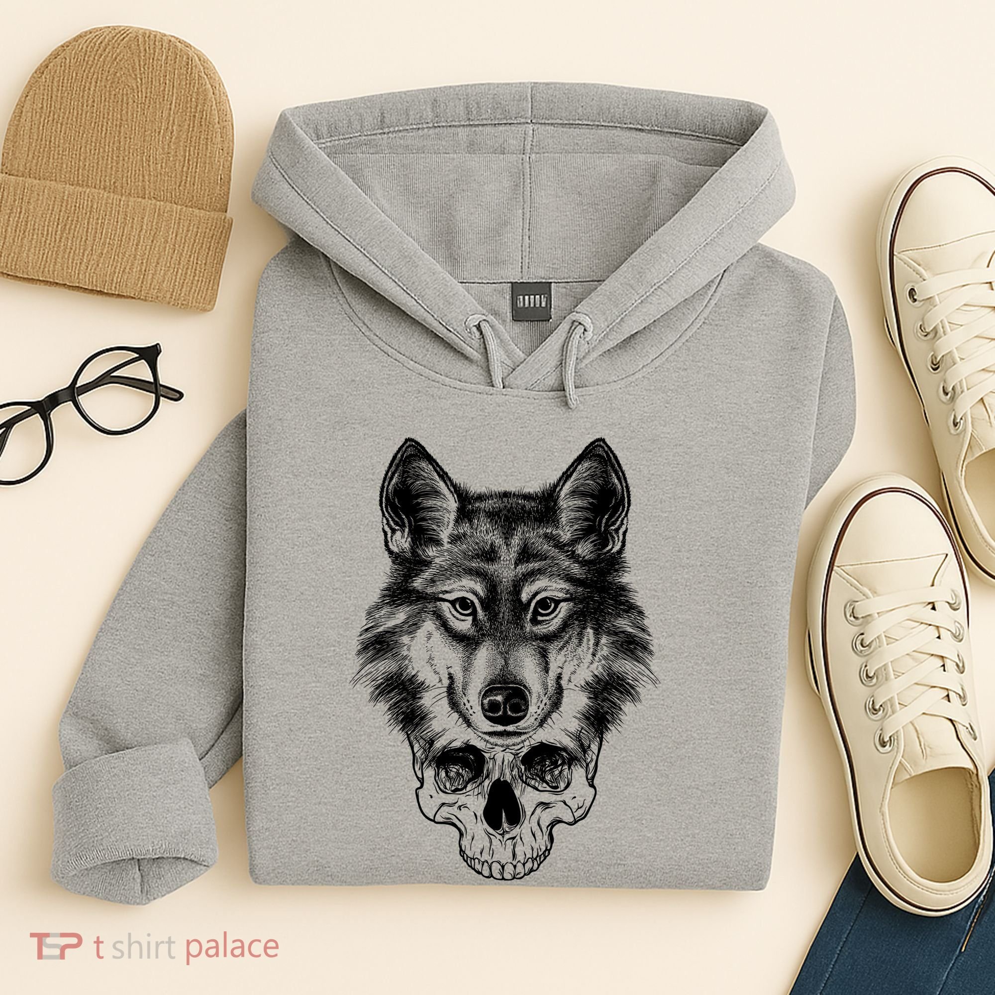 Wolf Head On Skull Graphic Hoodie