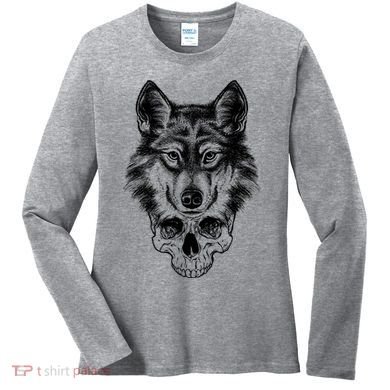 Wolf Head On Skull Graphic Women's Long Sleeve Shirt
