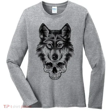 Wolf Head On Skull Graphic Women's Long Sleeve Shirt