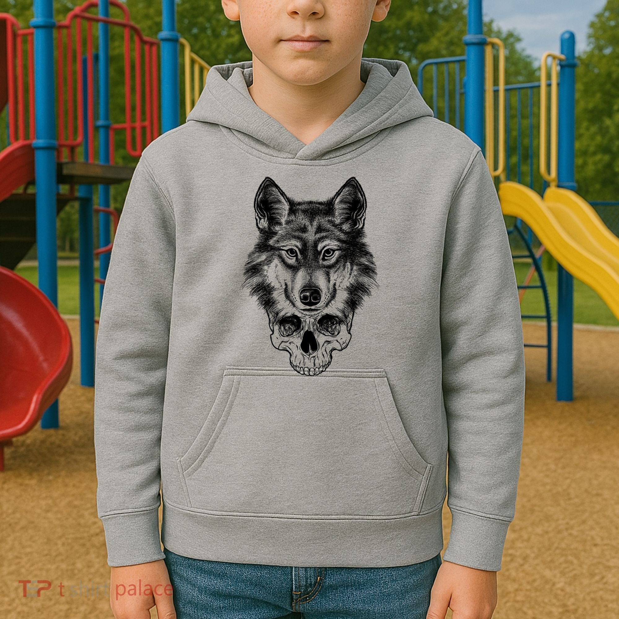 Wolf Head On Skull Graphic Kids Hoodie