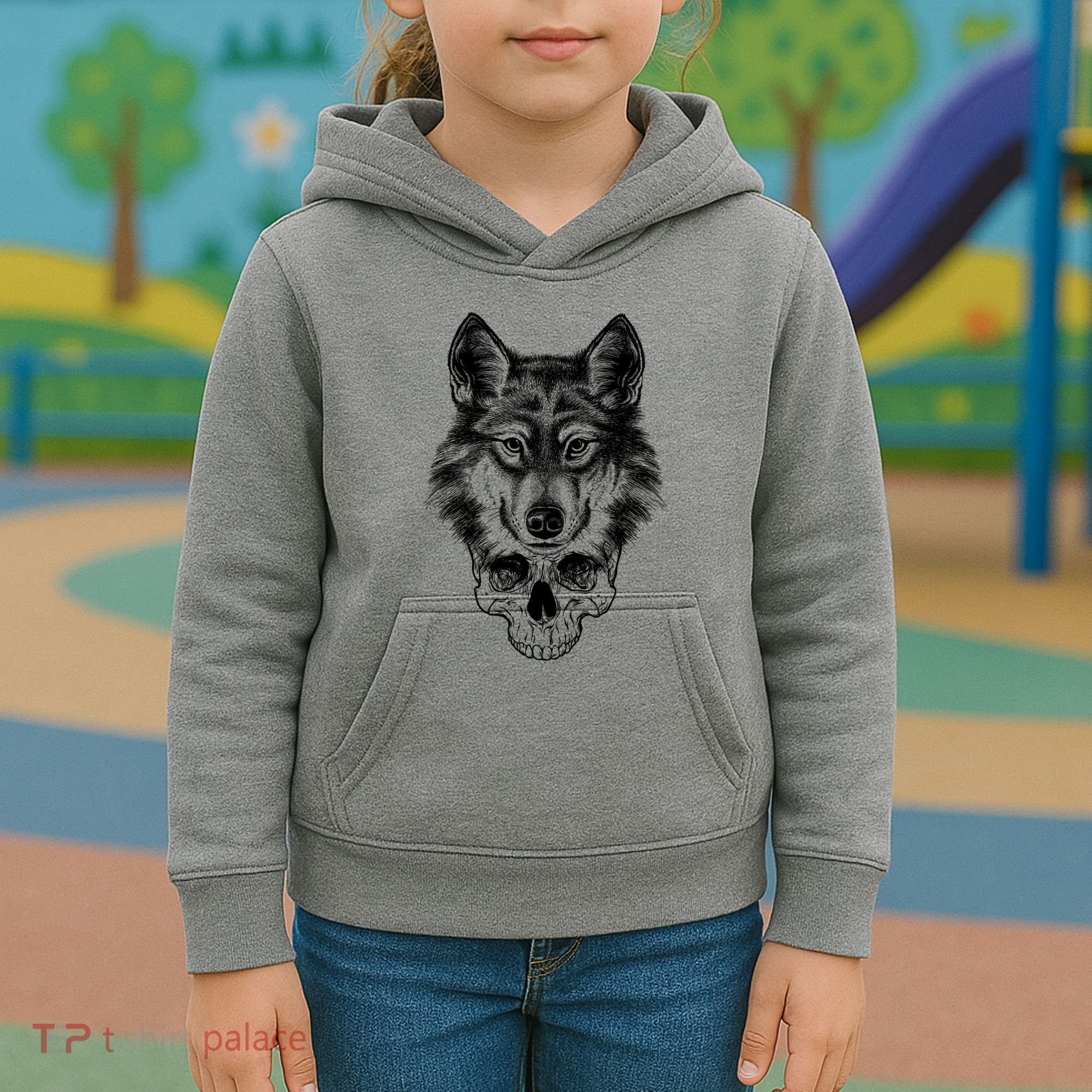 Wolf Head On Skull Graphic Kids Hoodie