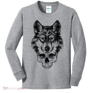Wolf Head On Skull Graphic Kids Long Sleeve Shirt