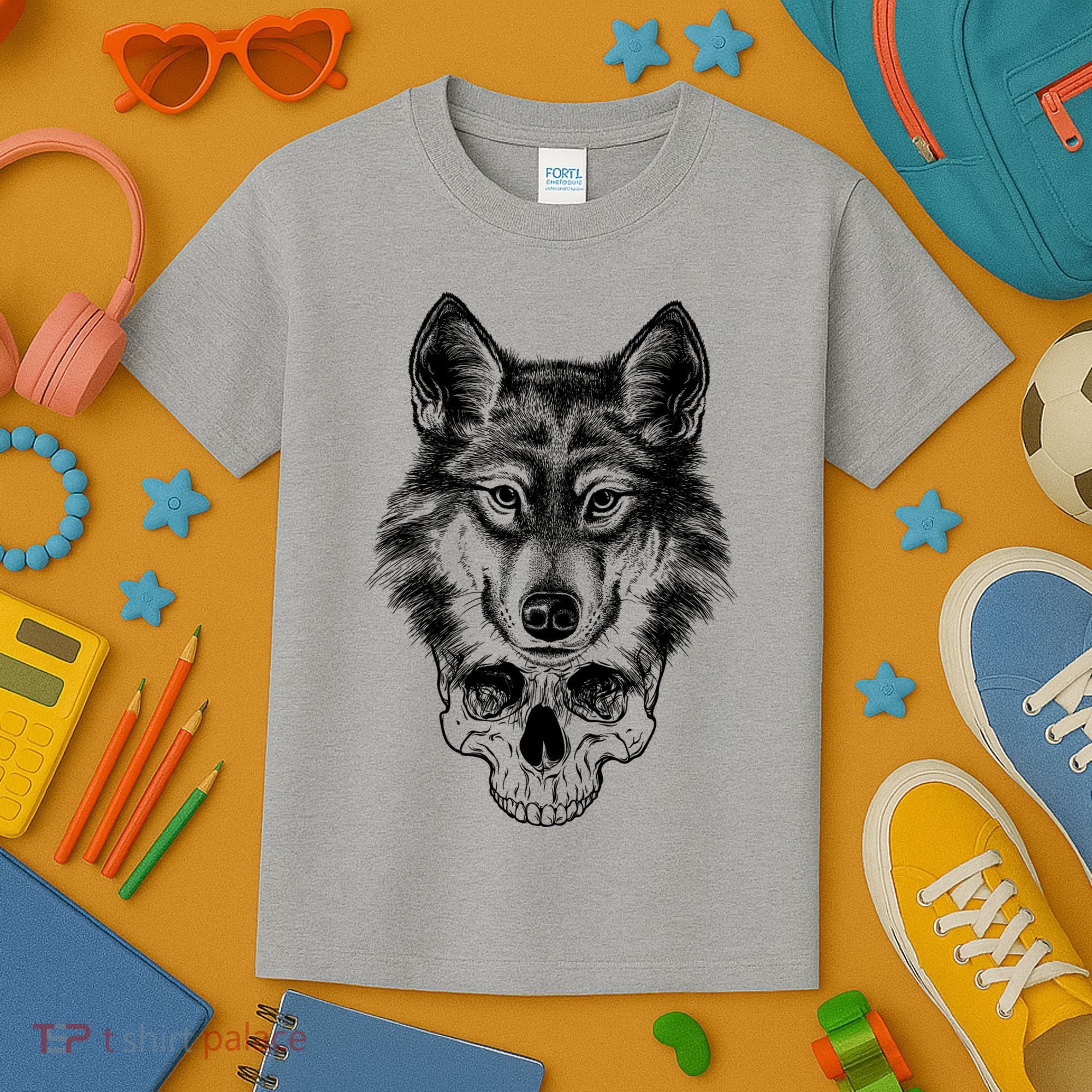 Wolf Head On Skull Graphic Kids T-Shirt