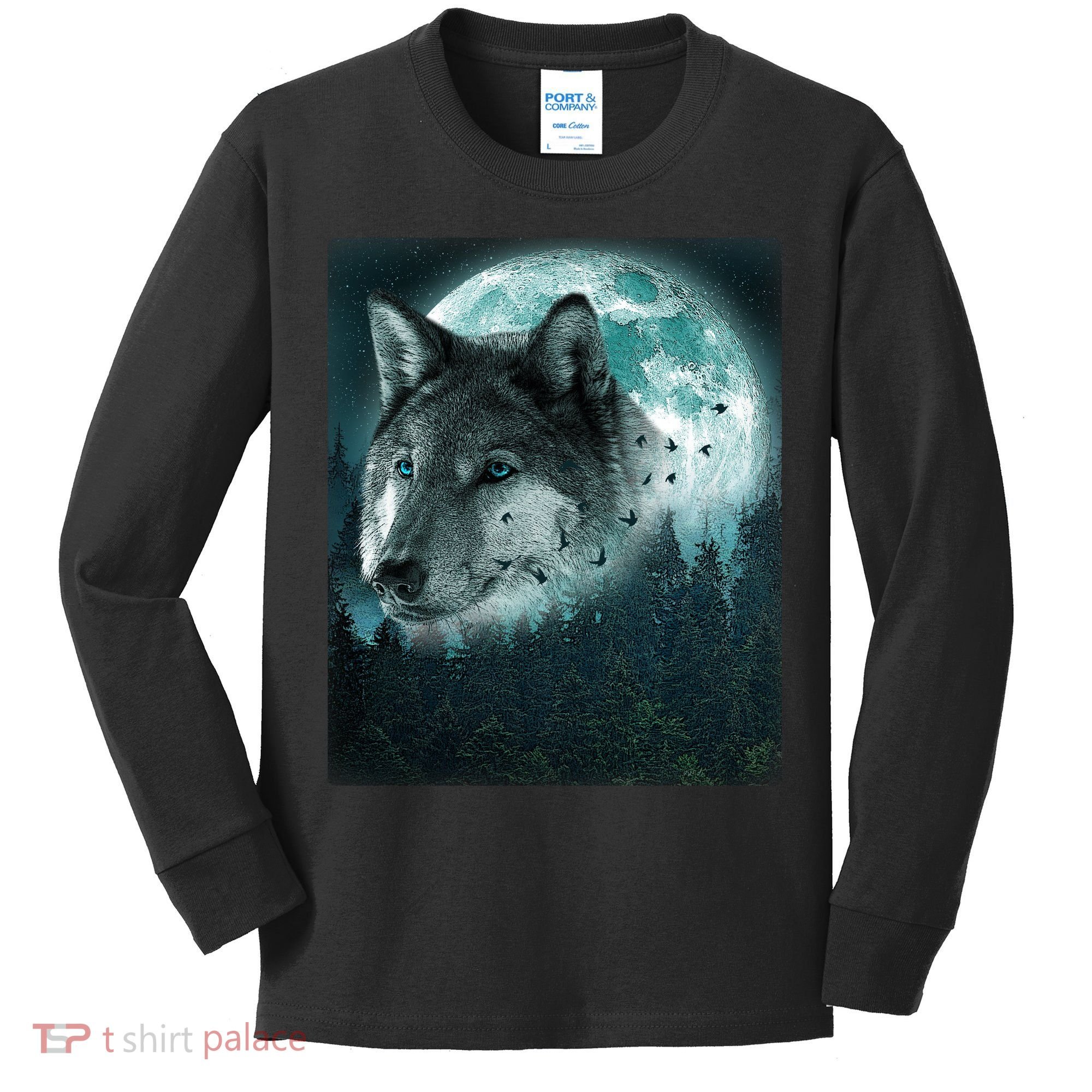 Wolf Moon Forest Wilderness  Kids Long Sleeve Shirt