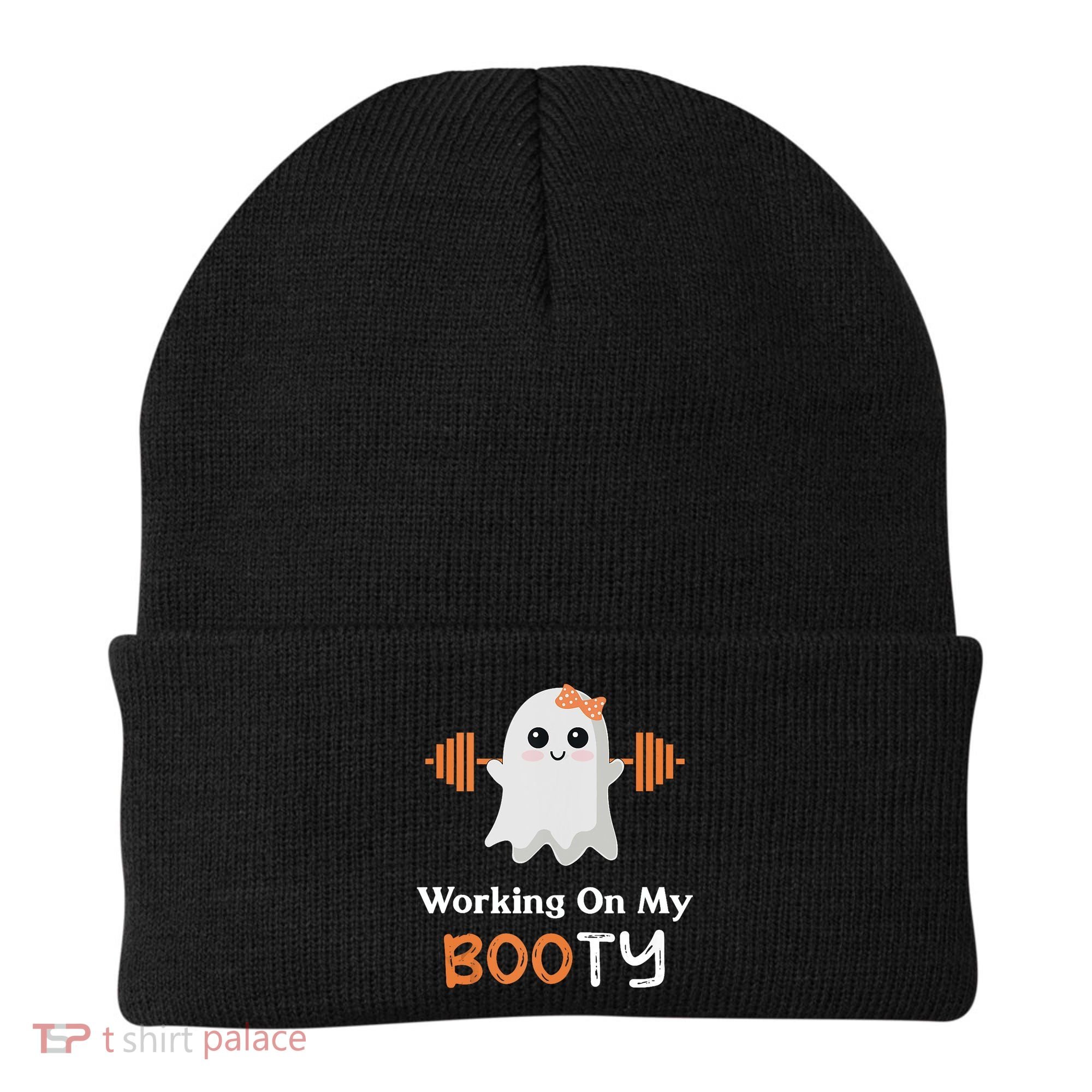 Working On My Booty Funny Halloween Gym Ghost Booty Pun Beanie