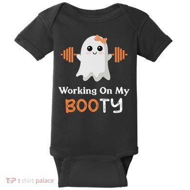 Working On My Booty Funny Halloween Gym Ghost Booty Pun Baby Bodysuit
