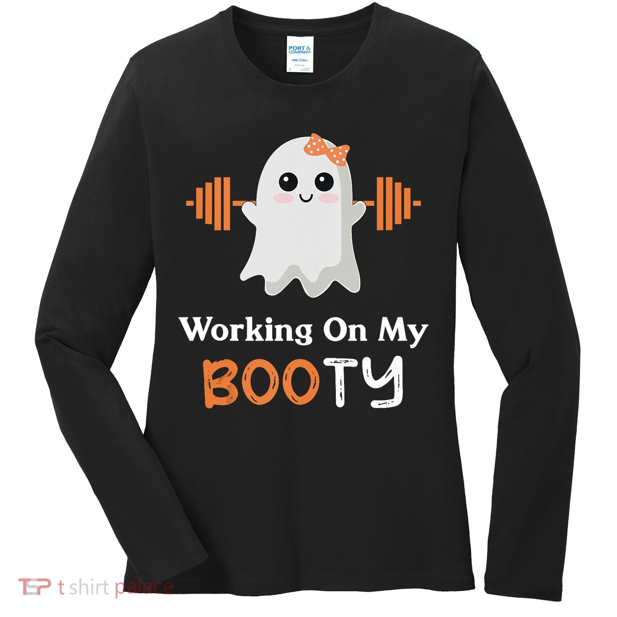 Working On My Booty Funny Halloween Gym Ghost Booty Pun Women's Long Sleeve Shirt