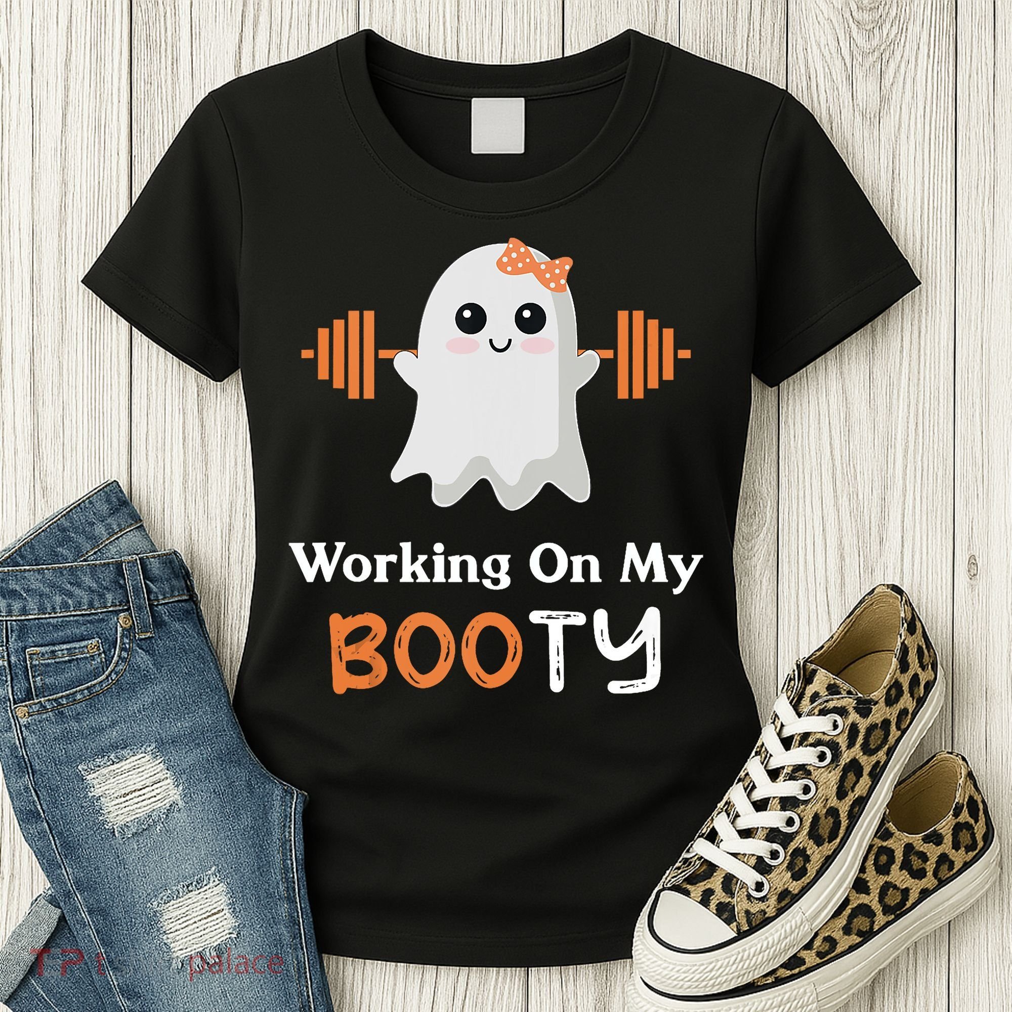 Working On My Booty Funny Halloween Gym Ghost Booty Pun Women's T-Shirt
