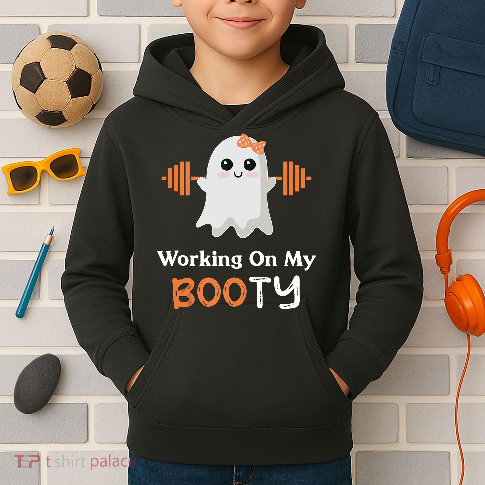 Working On My Booty Funny Halloween Gym Ghost Booty Pun Kids Hoodie