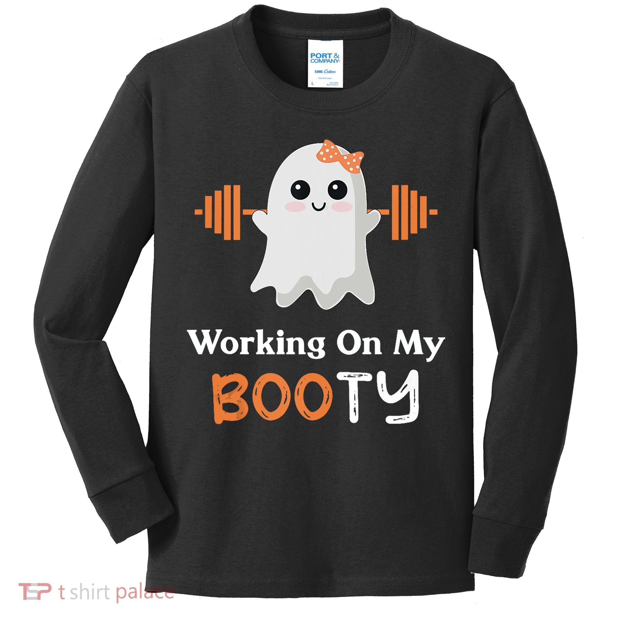 Working On My Booty Funny Halloween Gym Ghost Booty Pun Kids Long Sleeve Shirt