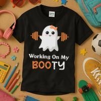 Working On My Booty Funny Halloween Gym Ghost Booty Pun Kids T-Shirt thumb 3