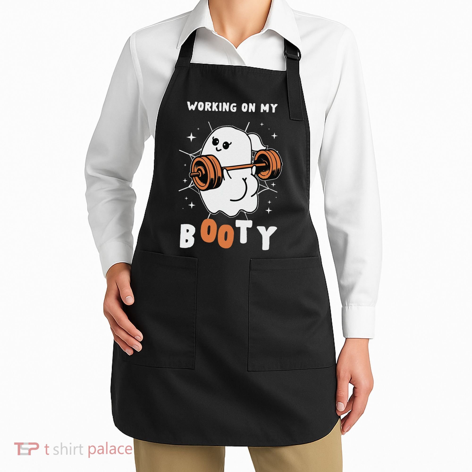 Working On My Booty Halloween Gym Cute Boo Ghost Fitness Apron