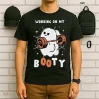 Working On My Booty Halloween Gym Cute Boo Ghost Fitness T-Shirt thumb 6