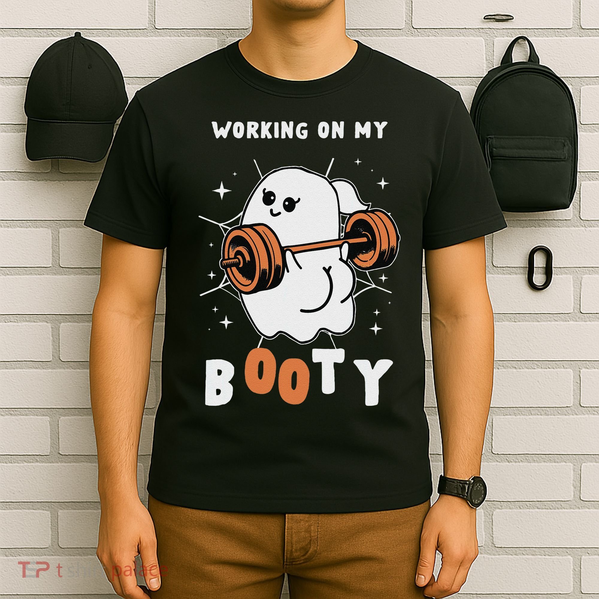 Working On My Booty Halloween Gym Cute Boo Ghost Fitness T-Shirt