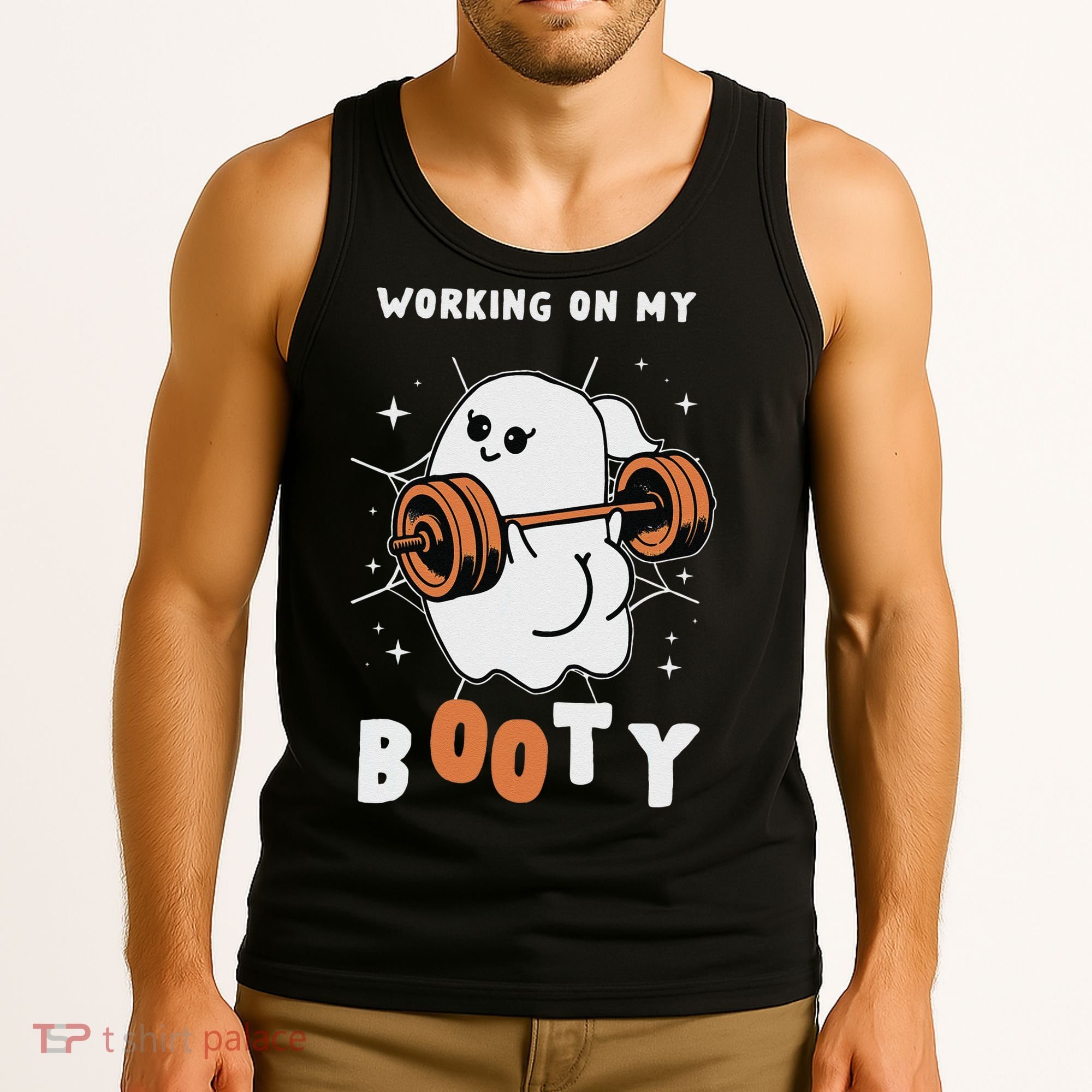 Working On My Booty Halloween Gym Cute Boo Ghost Fitness Tank Top