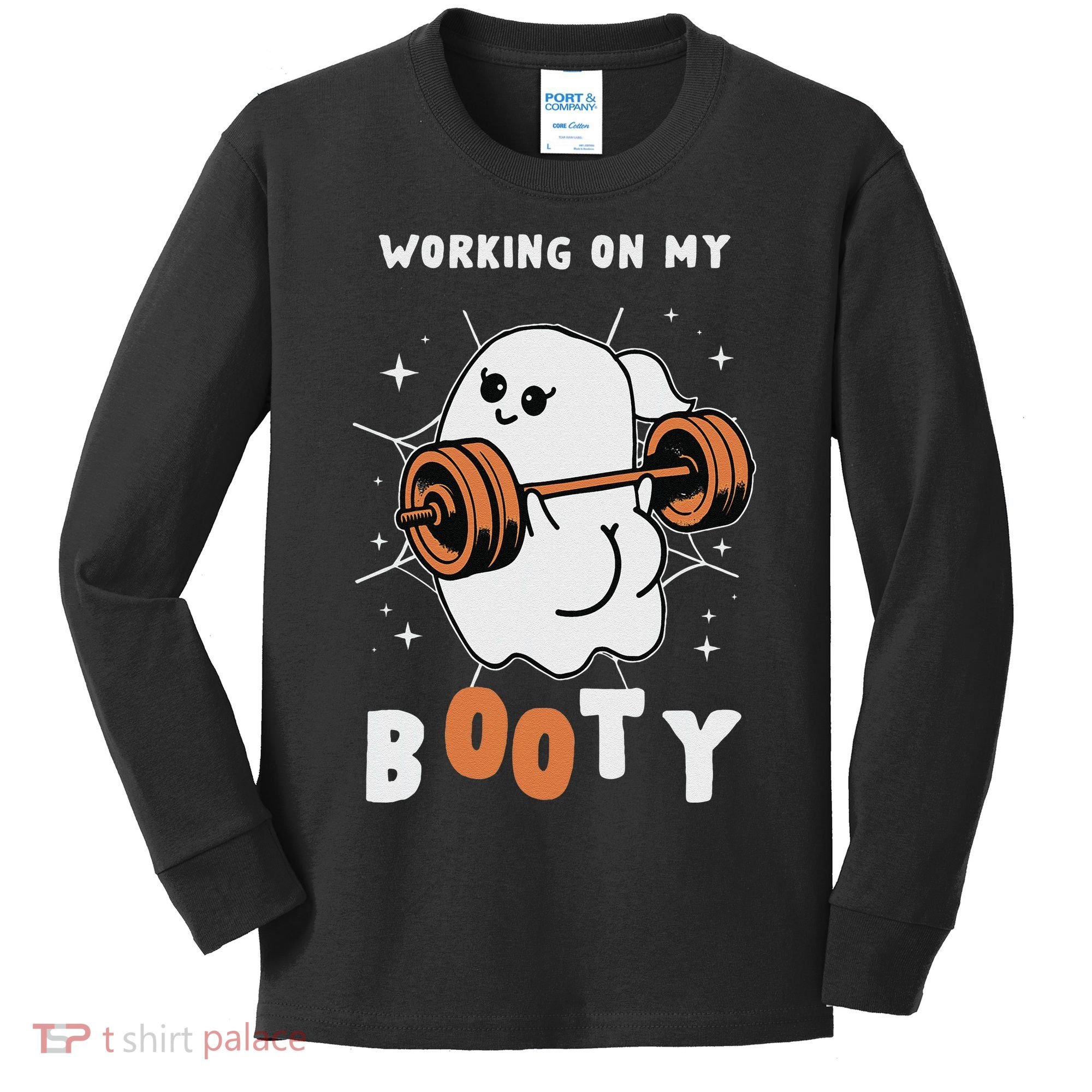 Working On My Booty Halloween Gym Cute Boo Ghost Fitness Kids Long Sleeve Shirt