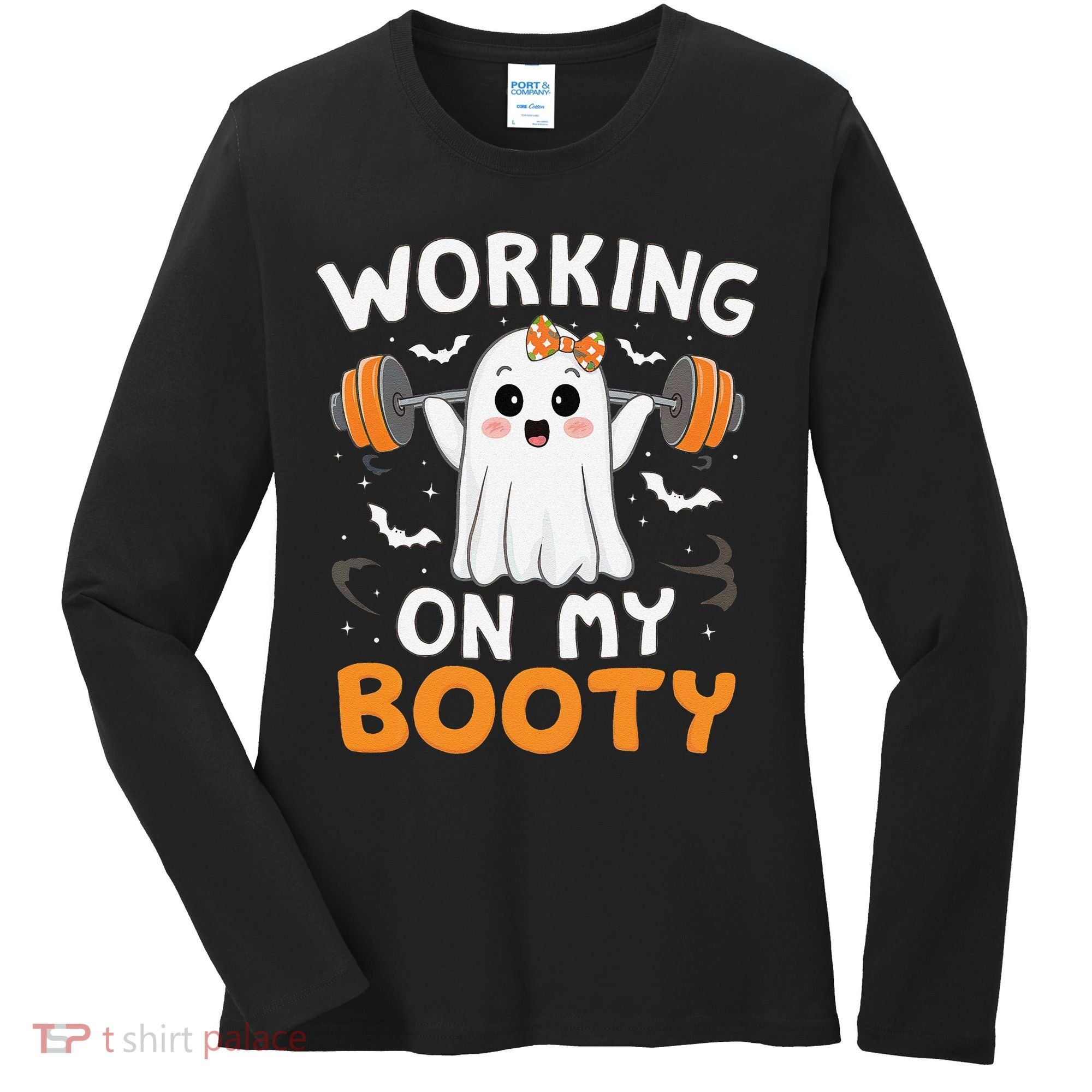 Working On My Booty Funny Halloween Ghost Gym Workout Women's Long Sleeve Shirt