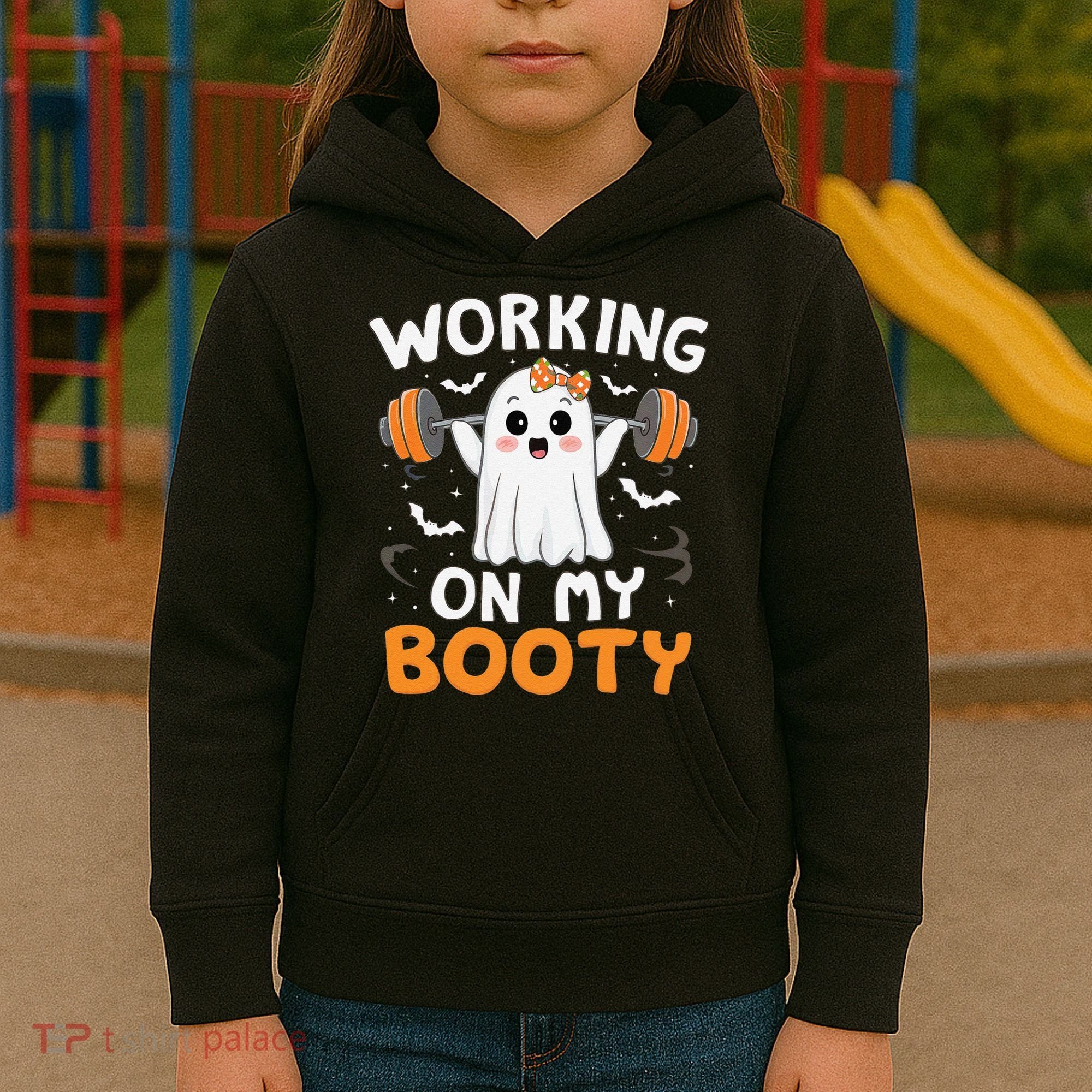 Working On My Booty Funny Halloween Ghost Gym Workout Kids Hoodie