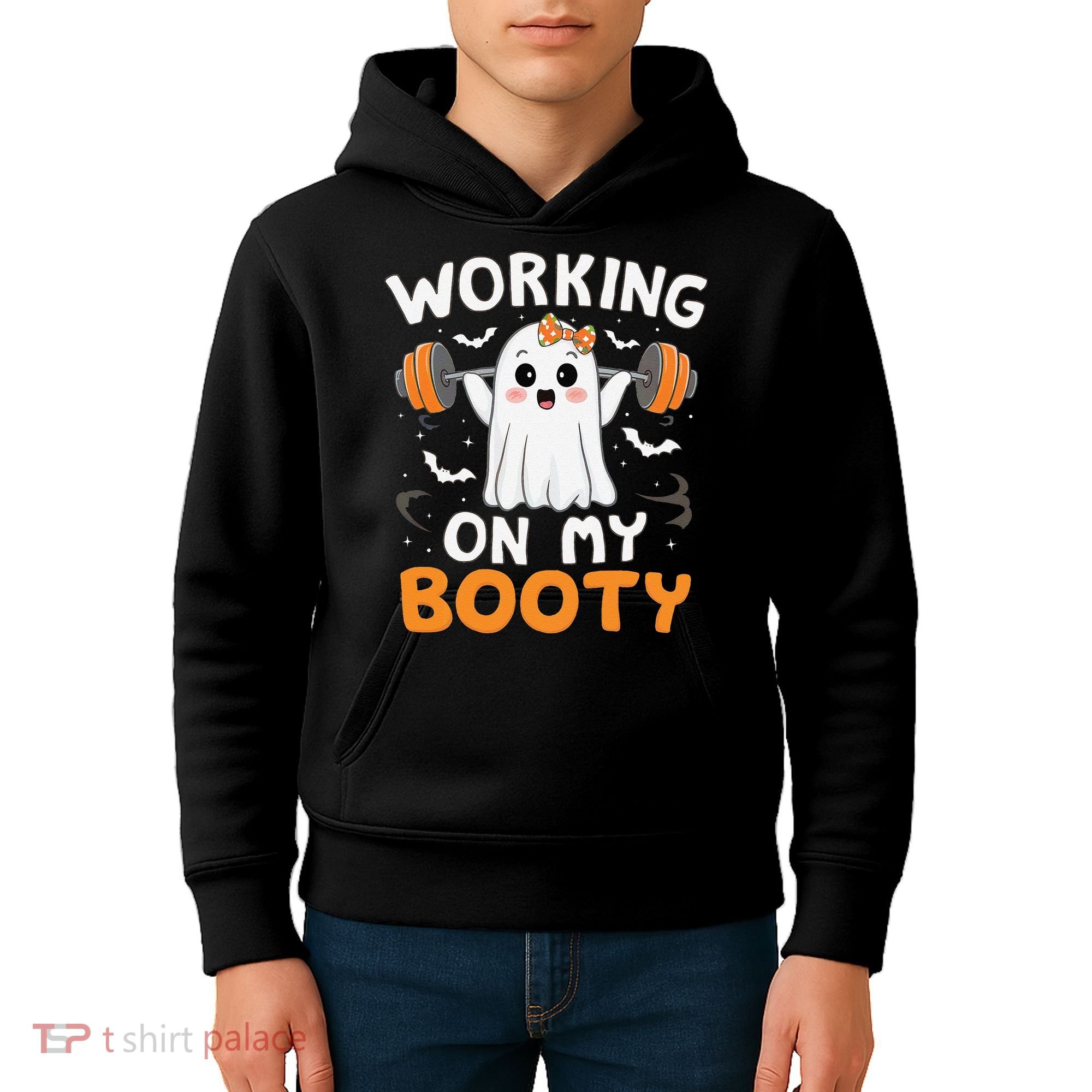 Working On My Booty Funny Halloween Ghost Gym Workout Kids Hoodie