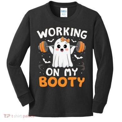 Working On My Booty Funny Halloween Ghost Gym Workout Kids Long Sleeve Shirt
