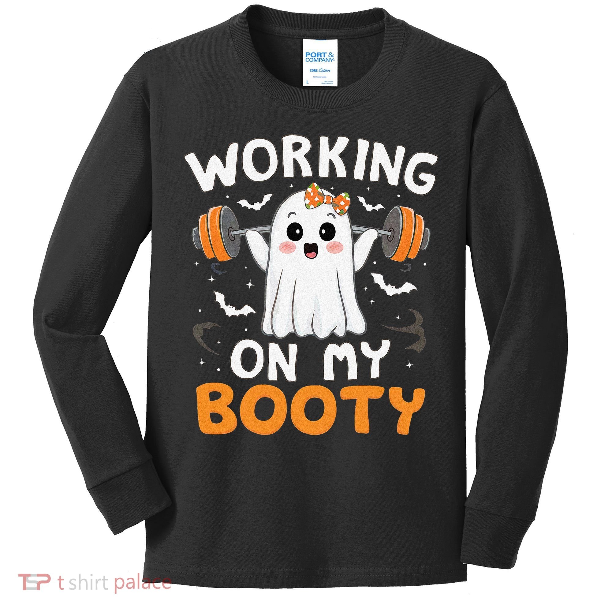 Working On My Booty Funny Halloween Ghost Gym Workout Kids Long Sleeve Shirt