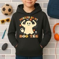 Working On My Boo Halloween Gym Workout Weightlifting Kids Hoodie thumb 2