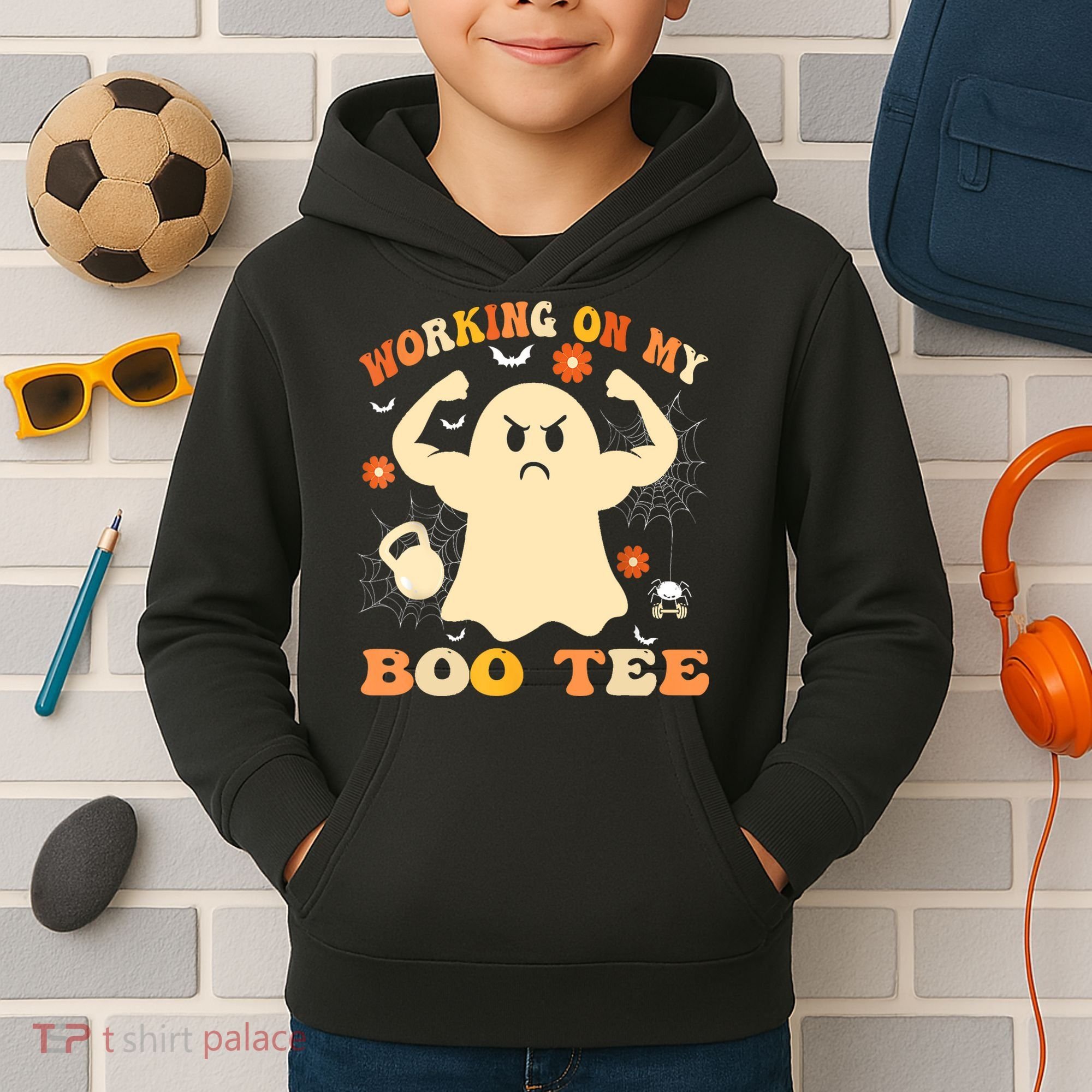 Working On My Boo Halloween Gym Workout Weightlifting Kids Hoodie