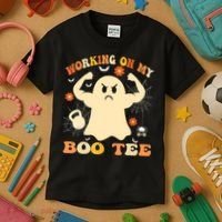 Working On My Boo Halloween Gym Workout Weightlifting Kids T-Shirt thumb 3
