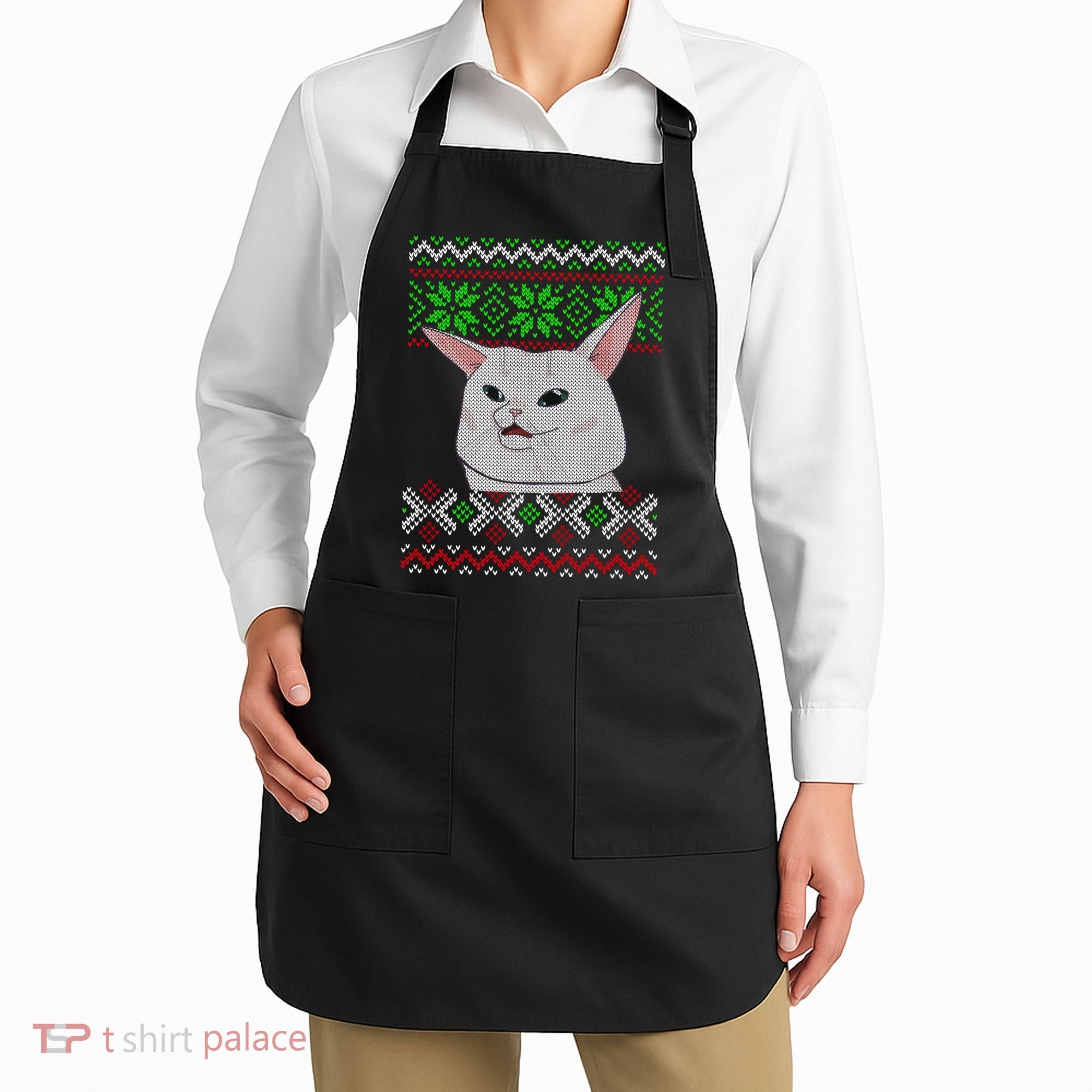 Woman Yelling At A Cat Ugly Christmas Sweater Meme Apron