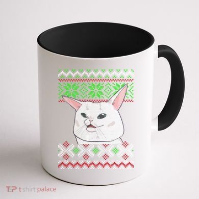 Woman Yelling At A Cat Ugly Christmas Sweater Meme Coffee Mug back