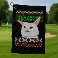 Woman Yelling At A Cat Ugly Christmas Sweater Meme Golf Towel thumb 1