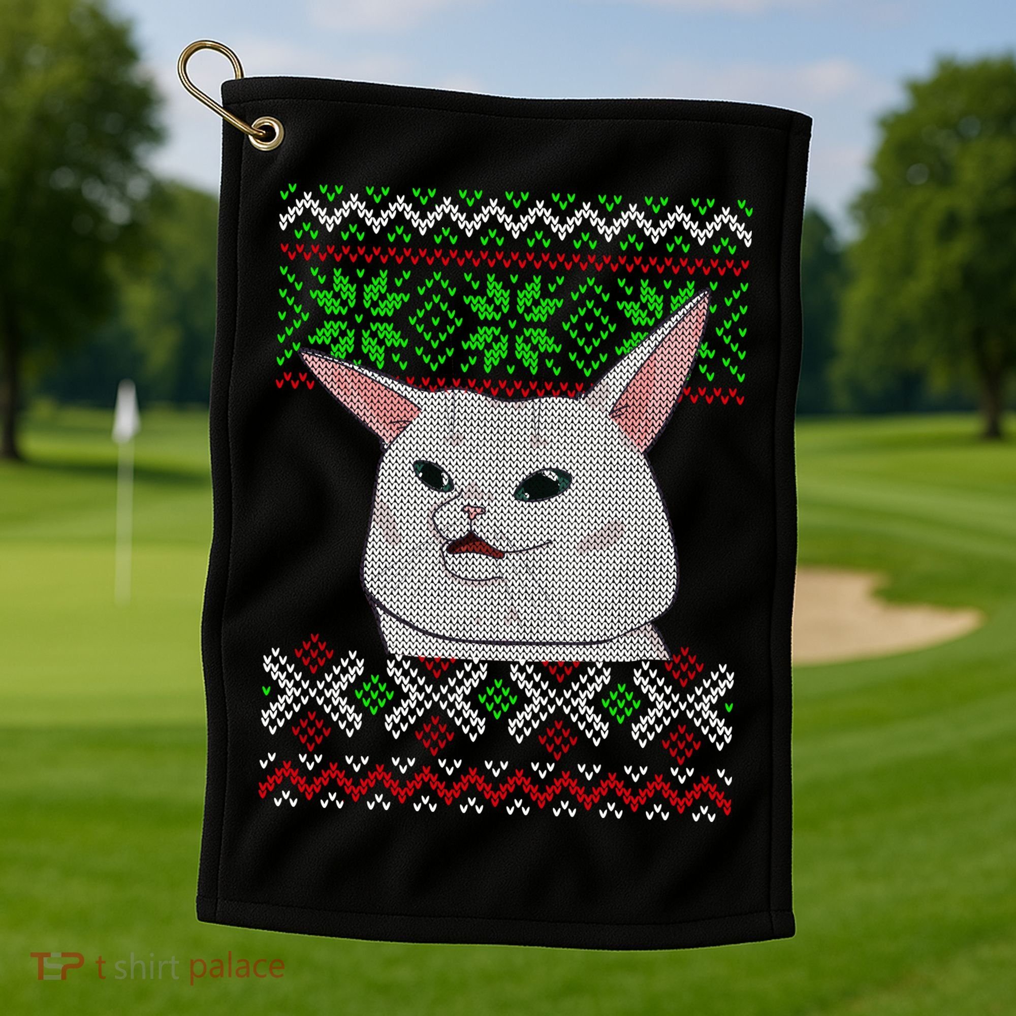 Woman Yelling At A Cat Ugly Christmas Sweater Meme Golf Towel