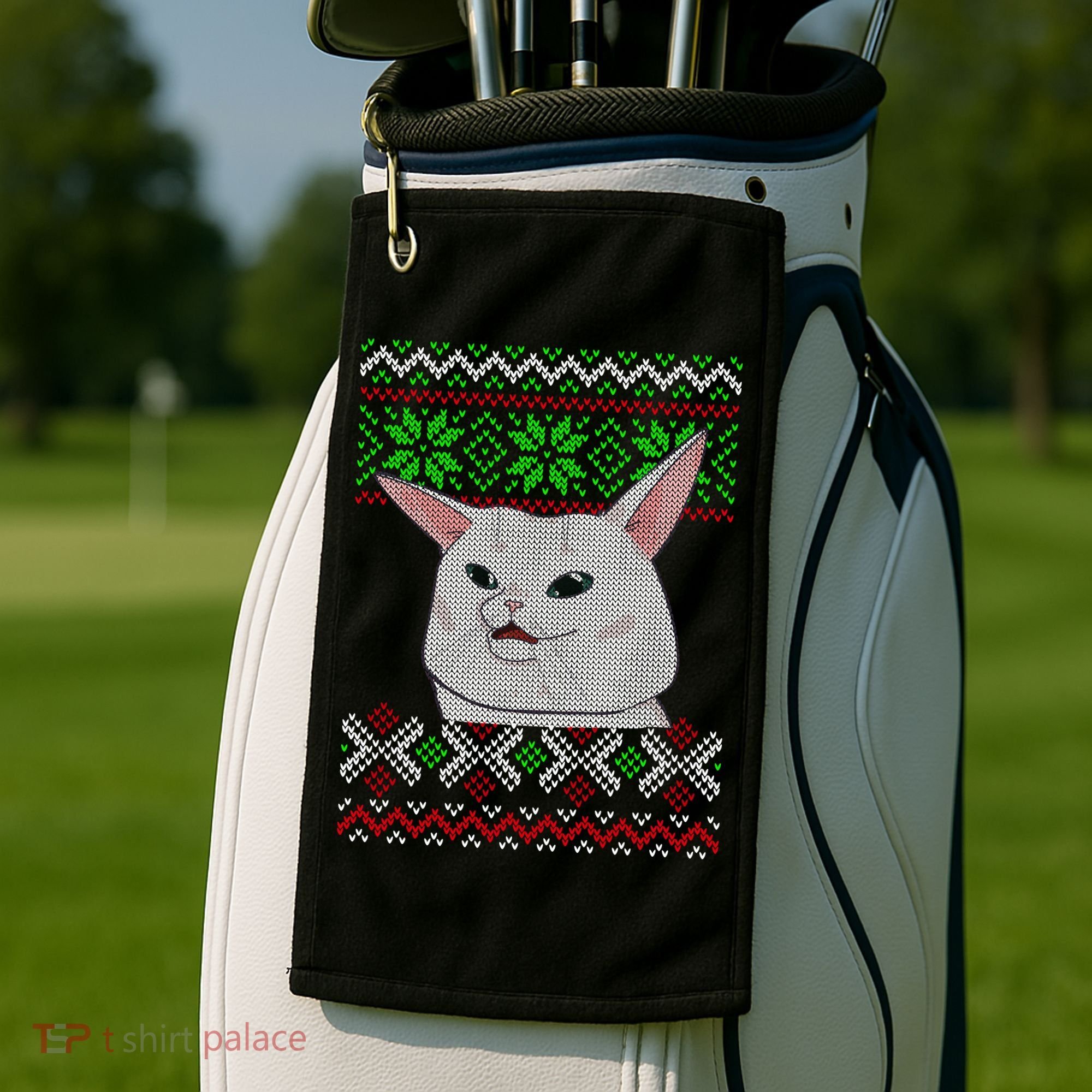 Woman Yelling At A Cat Ugly Christmas Sweater Meme Golf Towel