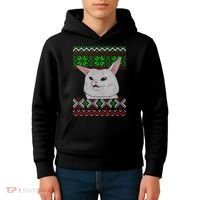 Woman Yelling At A Cat Ugly Christmas Sweater Meme Kids Hoodie thumb 4