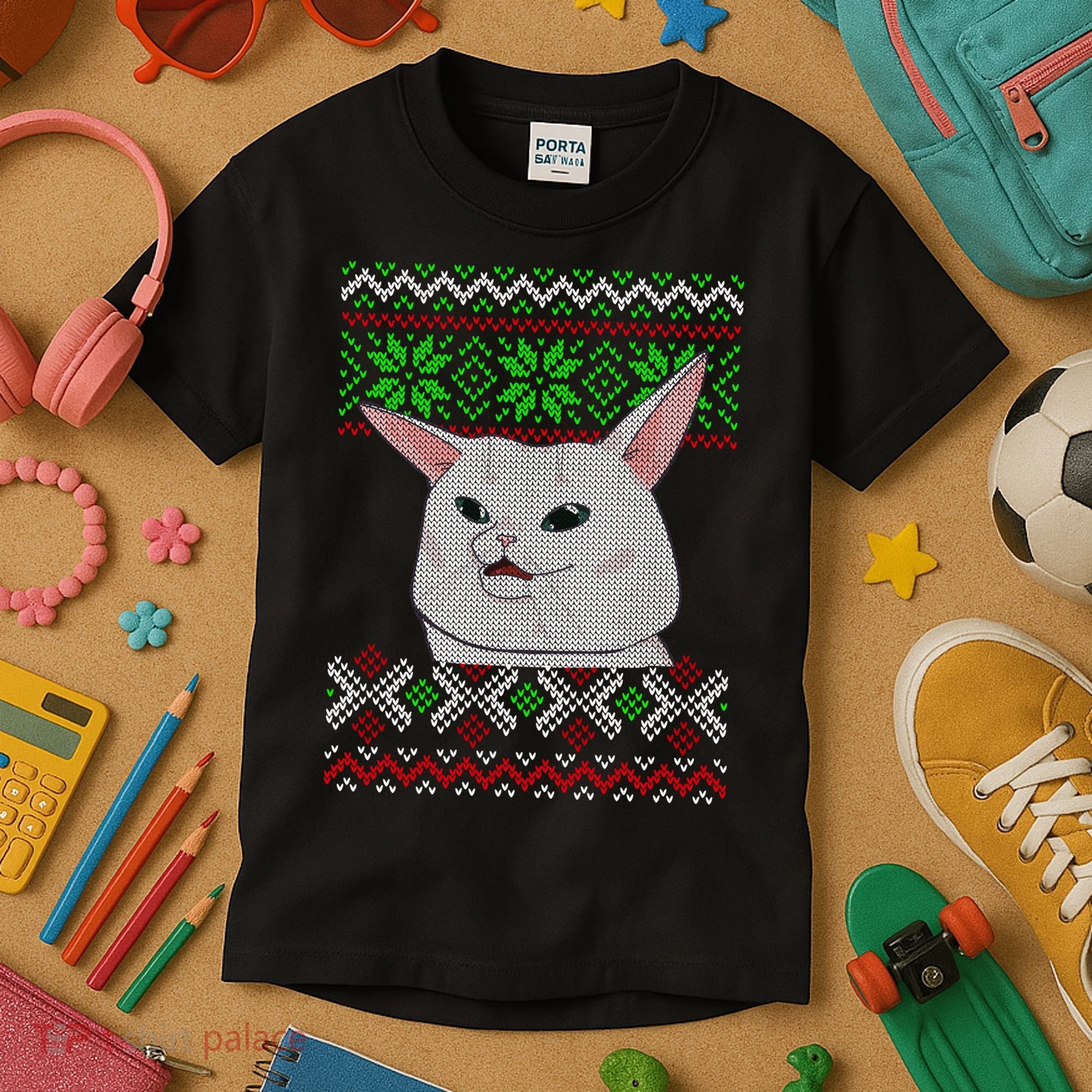 Woman Yelling At A Cat Ugly Christmas Sweater Meme Kids T-Shirt