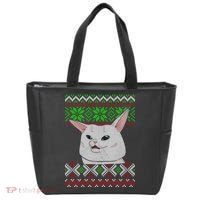 Woman Yelling At A Cat Ugly Christmas Sweater Meme Tote Bag thumb 0