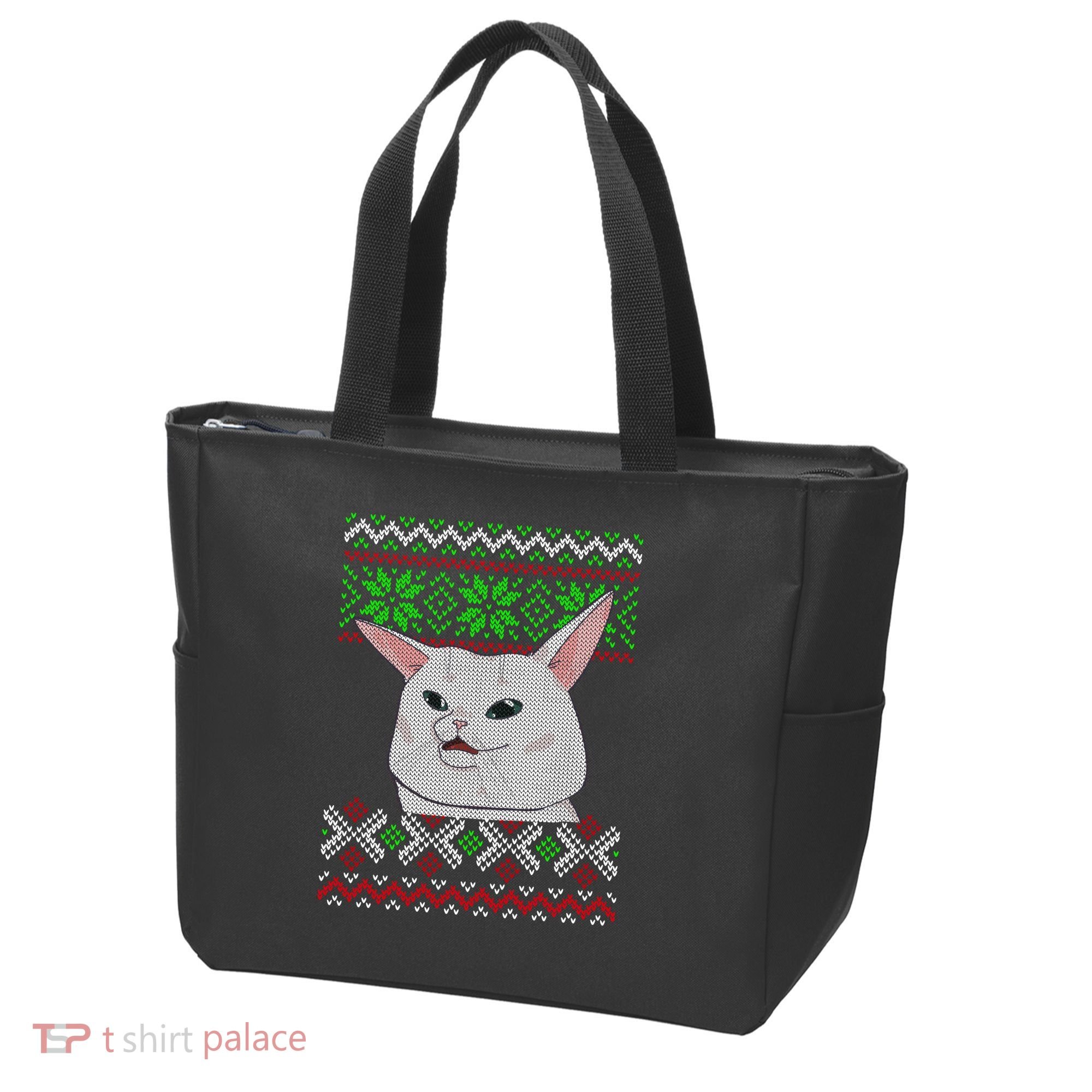 Woman Yelling At A Cat Ugly Christmas Sweater Meme Tote Bag