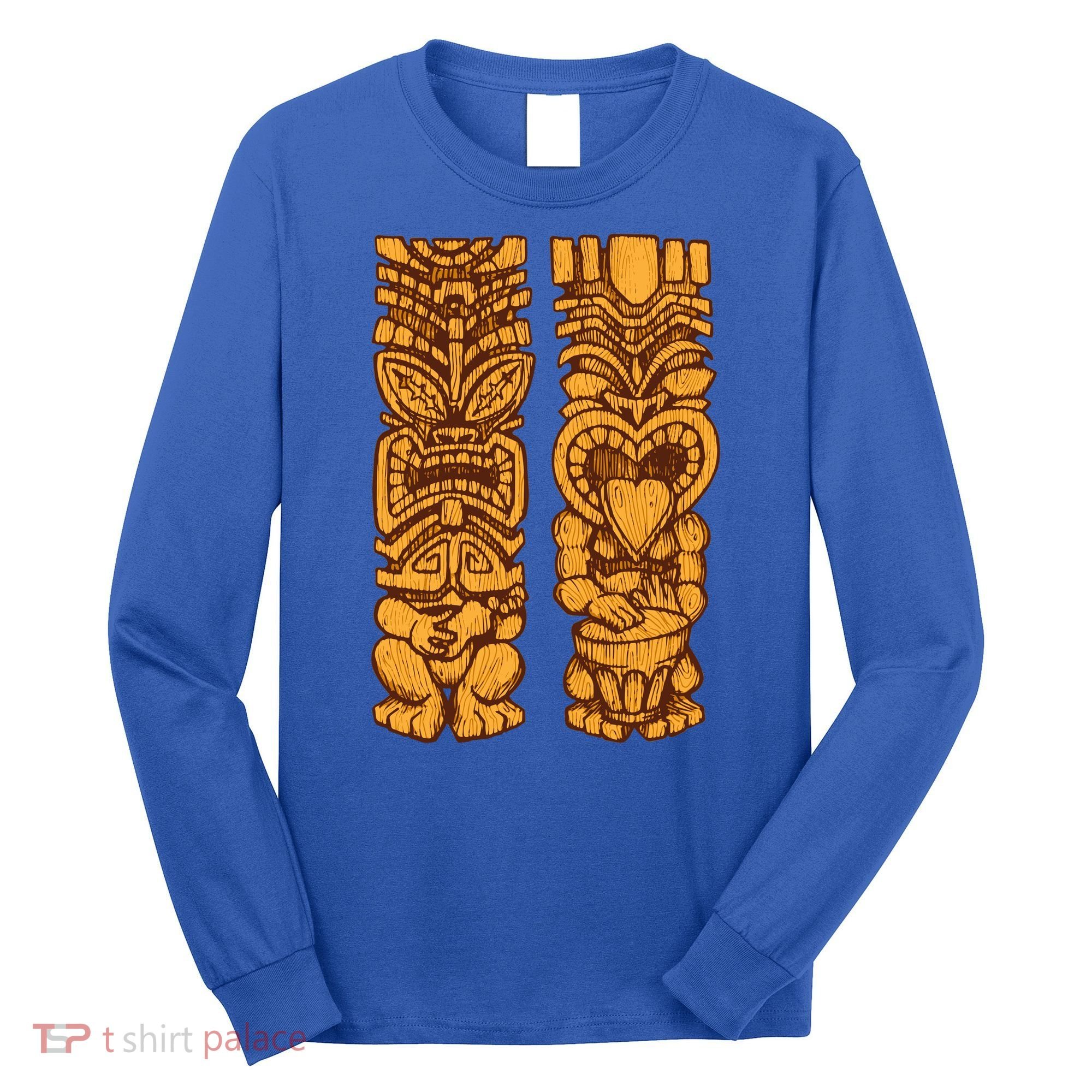 Wooden statues of Tiki with ukulele and drum Long Sleeve Shirt
