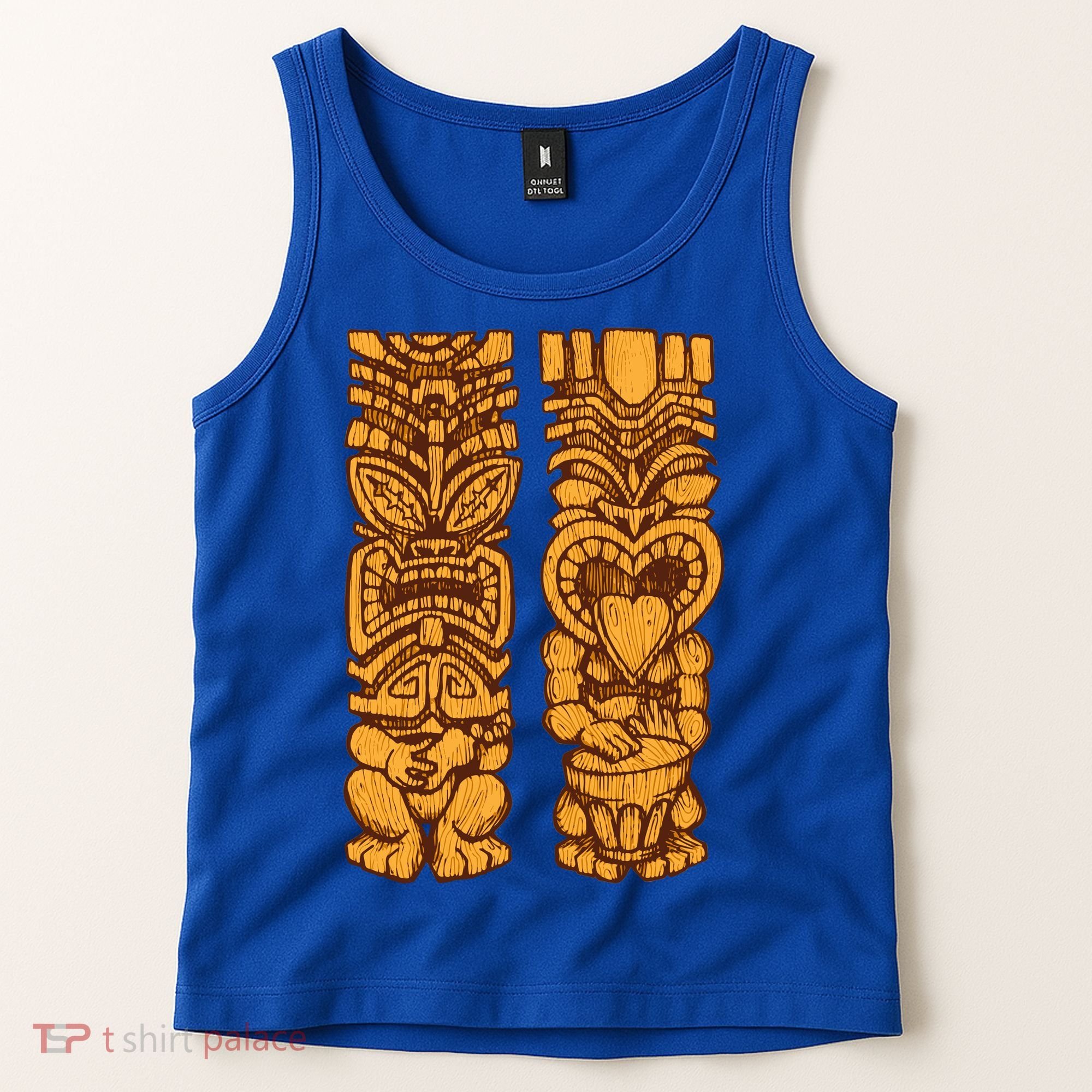 Wooden statues of Tiki with ukulele and drum Tank Top